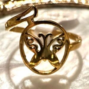 “Curlicue Butterfly” Coil Spiral Swirl Loop Twist Scroll Ringlet Gold Steel Ring